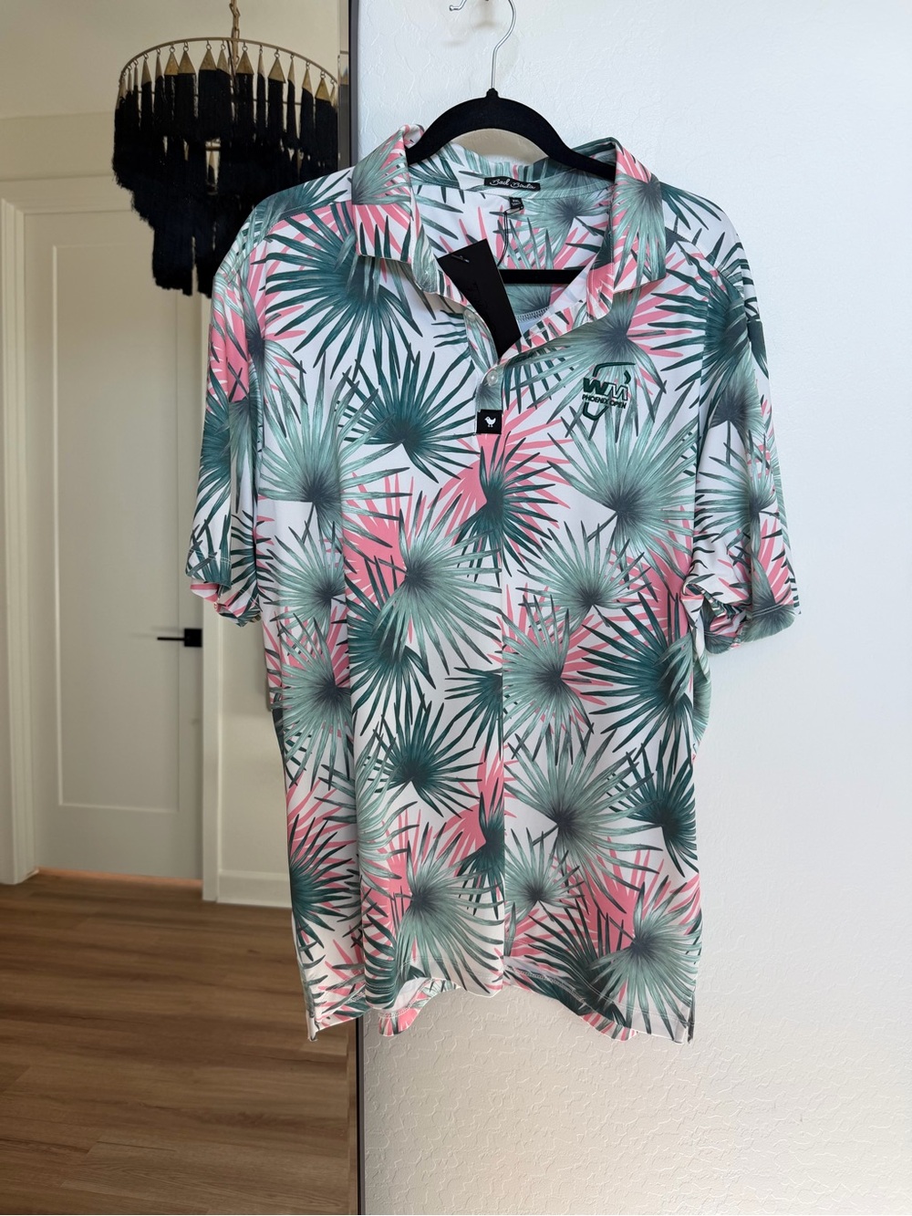 Waste Management Open Bad Birdie White Polo with Pink and Green Palm Print